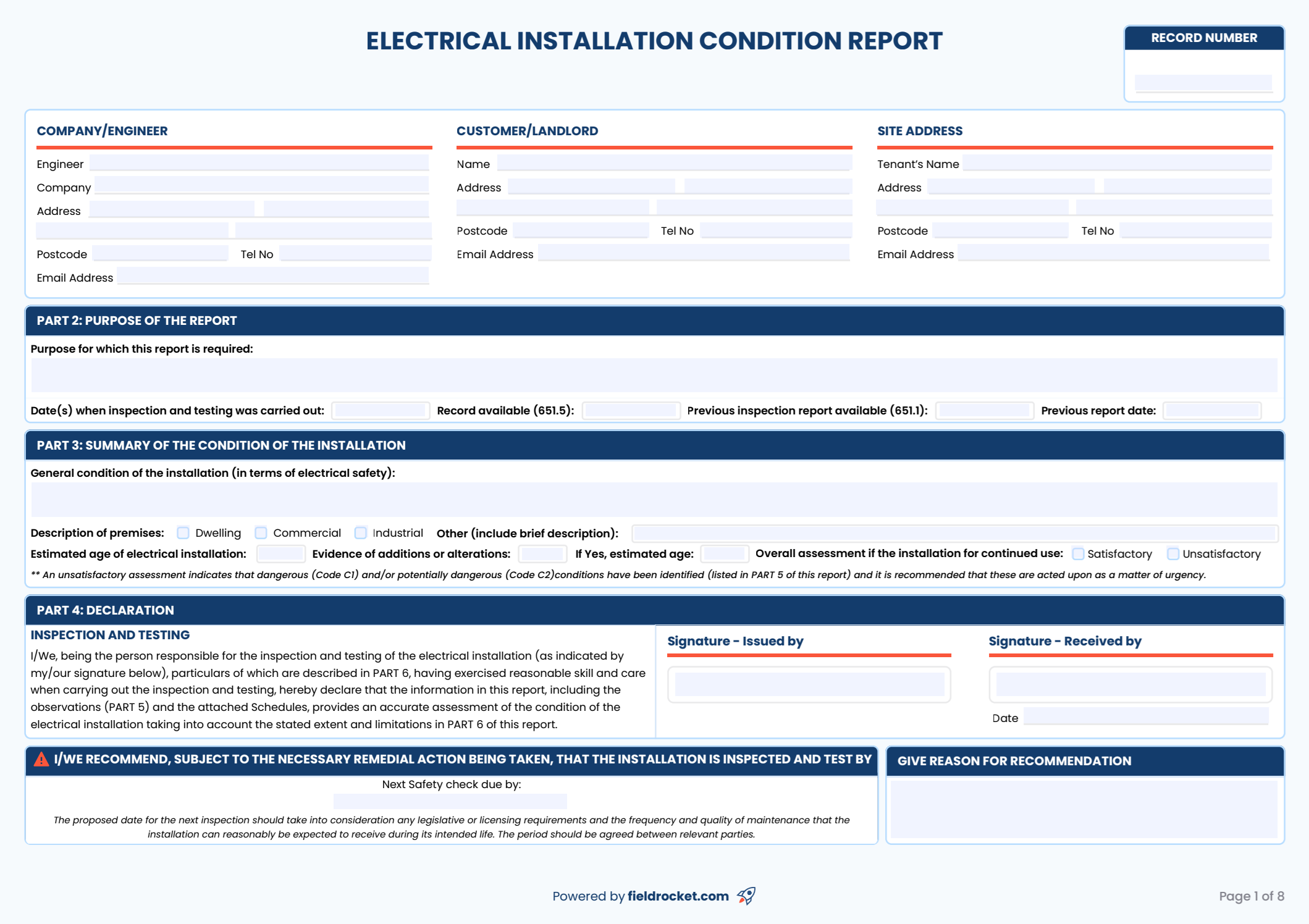 The first page of our fillable EICR certificate template