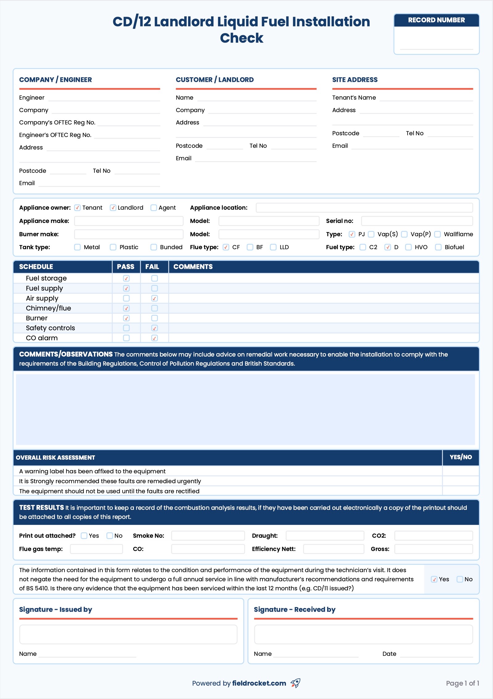 Our fillable CP12 gas safety certificate